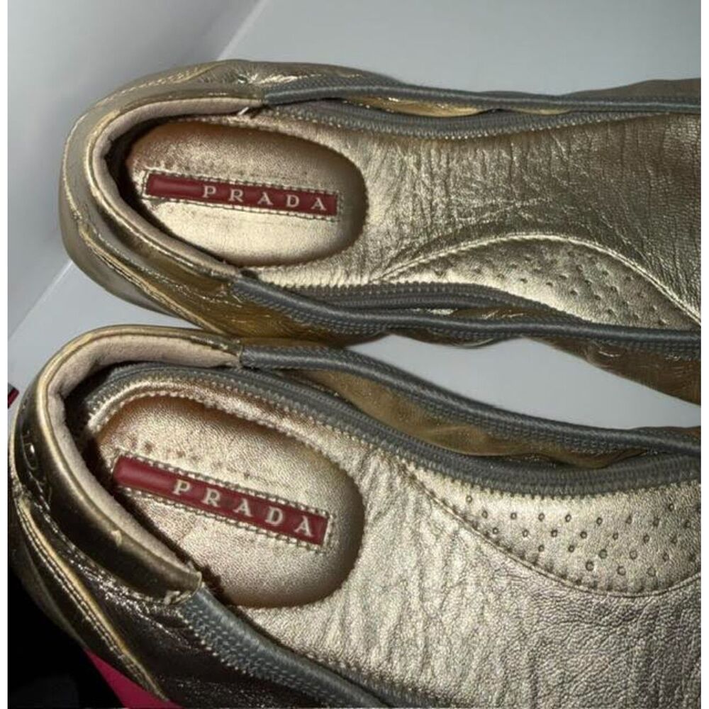 Vintage Prada Sport Gold Ballet Flats | Y2K Designer Metallic Leather Shoes - Picture 9 of 11
